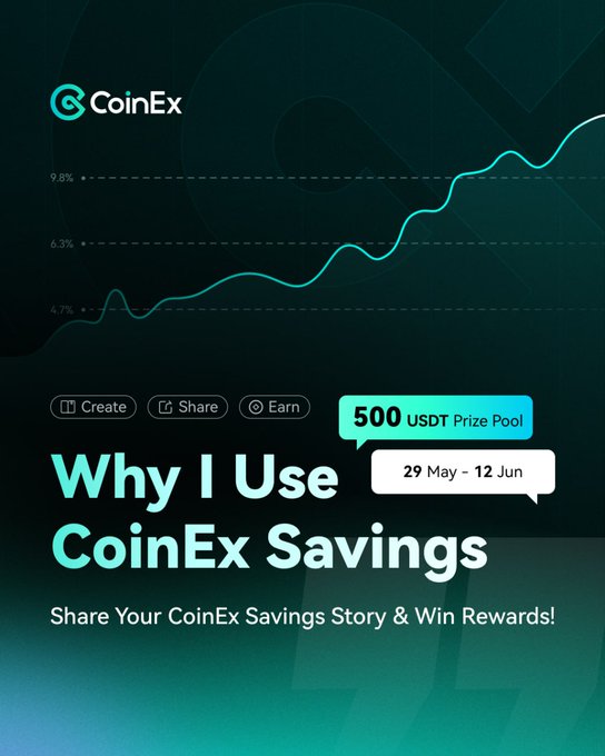 The image features an advertisement for CoinEx savings services that encourages users to share their savings stories with others, potentially winning rewards. The text in the image reads "Why I use CoinEx Savings" and "Share Your Coinex Savings Story & Win Rewards!". This message is related to the content of the post about using CoinEx savings services, as it promotes sharing personal experiences and highlights the benefits of using CoinEx for financial management.