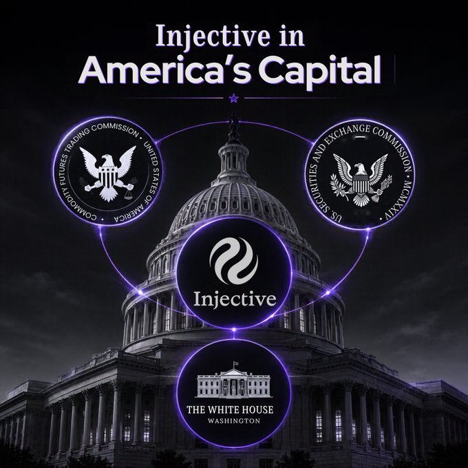 A promotional graphic titled 'Injective in America's Capital' features the U.S. Capitol building in the background with logos for the Injective blockchain, the Commodity Futures Trading Commission, the U.S. Securities and Exchange Commission, and The White House.