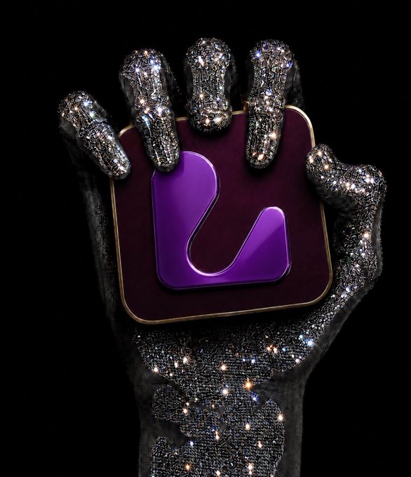 A 3D rendered hand encrusted with sparkling diamonds holds a square app icon featuring a glossy purple stylized 'V' or 'U' letter on a dark gradient background.