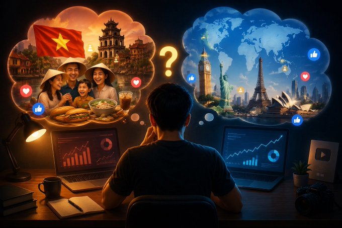 An illustration of a man sitting at a desk with two laptops showing analytics, thinking with thought bubbles depicting Vietnam (with flag and family/food scene) on one side and a world map with landmarks (Big Ben, Statue of Liberty, Eiffel Tower) on the other, separated by a question mark.