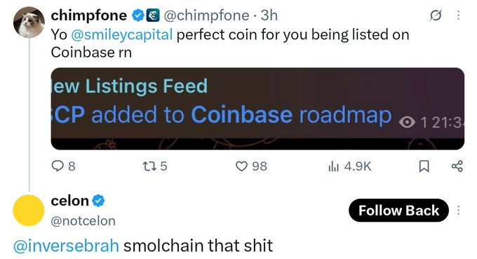 A Twitter/X post by "chimpfone" tagging "@smileycapital" about being listed on Coinbase, showing a screenshot of "CP added to Coinbase roadmap," with a quote tweet reply from "celon" (@notcelon).