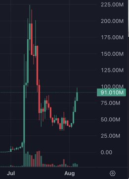 A candlestick chart shows $CASHCAT's price action from late July through early August, featuring a sharp initial spike to over 200M followed by a steep decline to lows around 25M, with a highlighted value of 91.010M indicating the current price level, visually supporting the post's claim of a recovery from 41M lows.