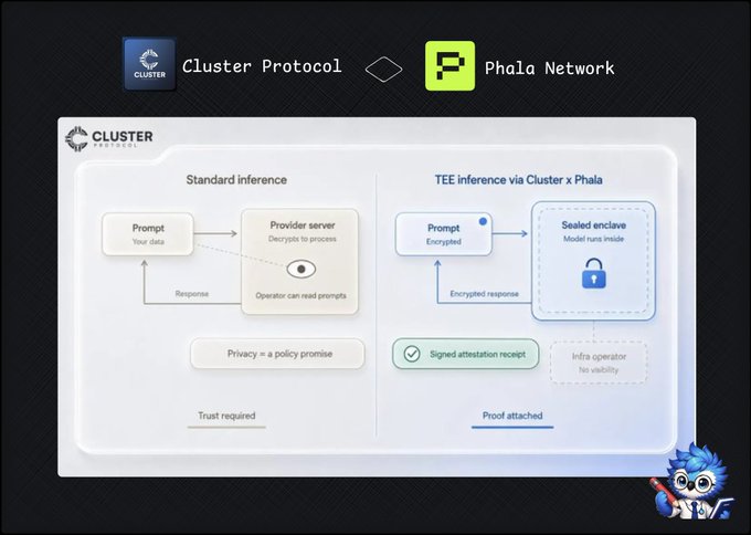 The image shows a diagram of an AI infrastructure, including a Cluster Protocol and a Privacy-Preserving AI (PAI) network. The Cluster Protocol sets a new standard for AI infrastructure by providing access to 500+ open-source models through one OpenAI-compatible API with verifiable private inference. Developers can now easily use the Cluster Protocol as part of their workflow. The image also includes a caption that reads: "Focus on what is in the image and how it relates to the post".