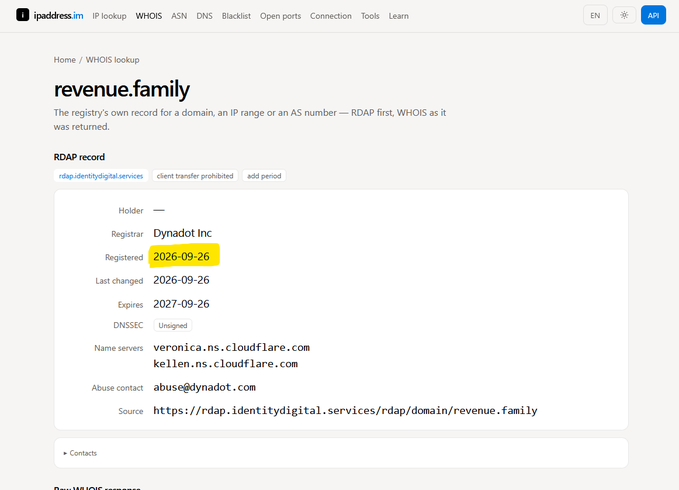 A WHOIS lookup screenshot for the domain "revenue.family" from ipaddress.im, showing it was registered on 2026-09-26 (highlighted in yellow) through Dynadot Inc, just 5 days before the post, supporting the author's claim that the @RevenueFamily domain appears suspiciously new.
