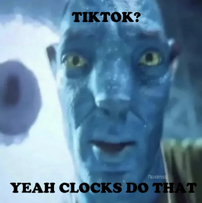 The image is a meme featuring a blue-skinned character from Avatar with the text "TIKTOK?" at the top and "YEAH CLOCKS DO THAT" at the bottom. The meme humorously comments on time passing, which aligns with the post about $YAP "absorbing the dip" — implying patience and time are needed for the token to recover.