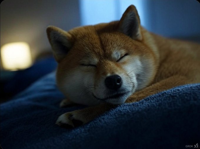 A close-up photograph of a sleeping Shiba Inu dog resting its head on a blue blanket, with a 'GROK x1' watermark in the corner.