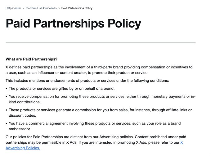 A webpage screenshot of X's 'Paid Partnerships Policy' explaining what constitutes paid partnerships between users and third-party brands.