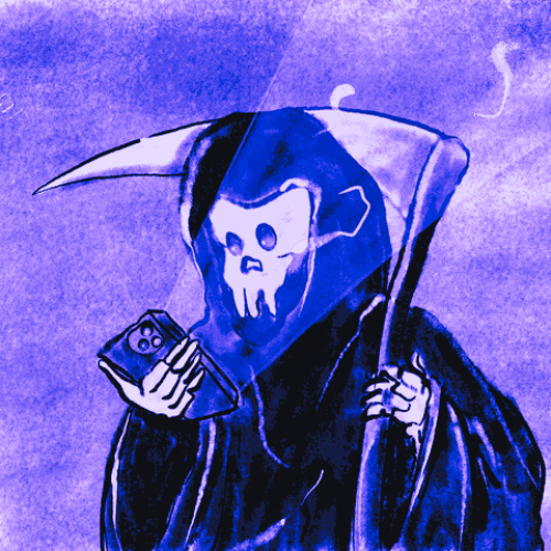A stylized digital artwork with heavy blue and purple tones depicting a grim reaper figure in a hooded robe with a skull face, holding a scythe and looking down at a smartphone in its bony hand.