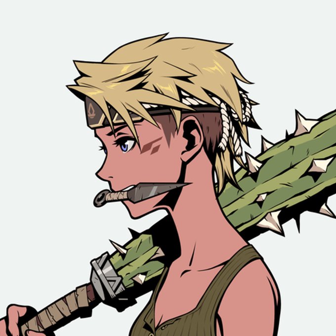An anime-style illustration of a blonde character in profile view with a knife held in their mouth, wearing a spiked headband and carrying a spiked green weapon.