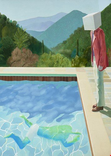 An artwork showing a figure in a red jacket and white pants beside a swimming pool, with someone floating in the water and green mountains in the background.