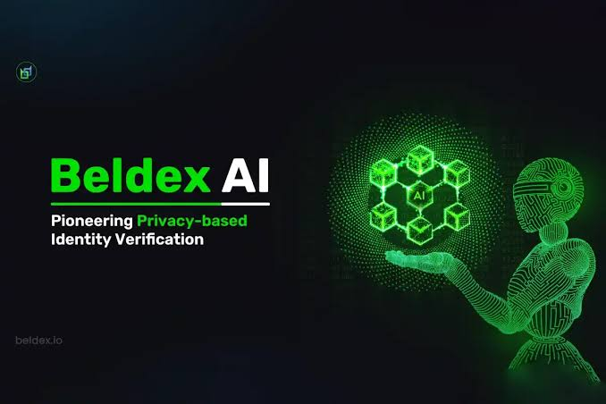 A sleek dark promotional banner for "Beldex AI" displays the tagline "Pioneering Privacy-based Identity Verification" alongside a green wireframe robot holding a glowing AI network graphic. The image aligns with the post's focus on privacy tools and community education, visually reinforcing Beldex's role in building privacy-focused technology and identity solutions.