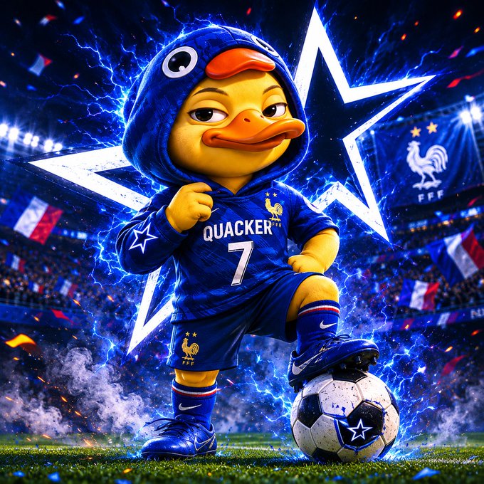 The image features a cartoon duck character dressed as a soccer player, standing on a soccer field with a soccer ball nearby. The background of the image includes a star and flags from France, indicating that this scene takes place at a soccer stadium or event in France. The caption provided suggests that Quackers Wrapped up another consistent day on Wallchain Small wins stacking quietly, which could be related to the cartoon character's soccer-themed outfit.

The post also mentions that Quackers Wrapped up another consistent day on Wallchain Small wins stacking quietly and that it is a good day for small wins. This implies that the image might have been created or shared by someone who has had a successful day, possibly involving their favorite cartoon character or soccer team. The caption could be interpreted as an invitation to share this moment with others through social media platforms like Twitter, Instagram, or Facebook.