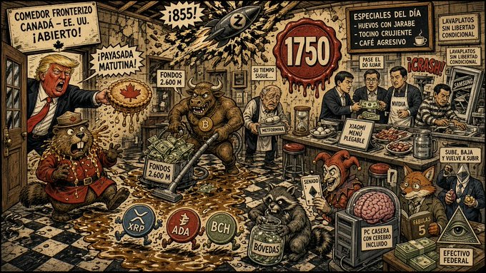 A chaotic political cartoon depicting Donald Trump shouting 'COMEDOR FRONTERIZO CANADÁ - EE. UU. ¡ABIERTO!' with figures representing market characters, including a bull, crypto symbols (XRP, ADA, BCH), references to 1750 and 1855, and various Spanish text about markets and 'LAVAPLATOS SIN LIBERTAD CONDICIONAL'.