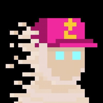 A pixelated digital illustration of a figure wearing a bright pink hat with a yellow 'E' symbol, with light skin and glowing cyan eyes against a black background.