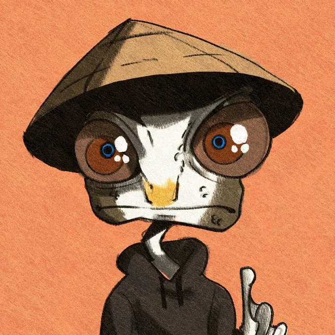 The image features a cartoon character with brown eyes, a white face, and a brown hat that looks like an eagle's head. The character appears to be wearing a black hoodie or jacket over their shirt. The background of the image is orange, which contrasts with the brown color of the character's hat and adds depth to the scene. There are no texts present in the image.