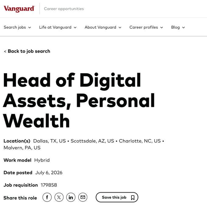 The image shows a Vanguard career listing for "Head of Digital Assets, Personal Wealth" (Job #179858, posted July 6, 2026), based in Dallas, Scottsdale, Charlotte, or Malvern with a hybrid work model. The listing ties to the post's joke about the incoming hire needing to message @zama about Fully Homomorphic Encryption before clients realize their onchain balances are exposed—framing the role as a privacy nightmare that requires confidential client balance protection.