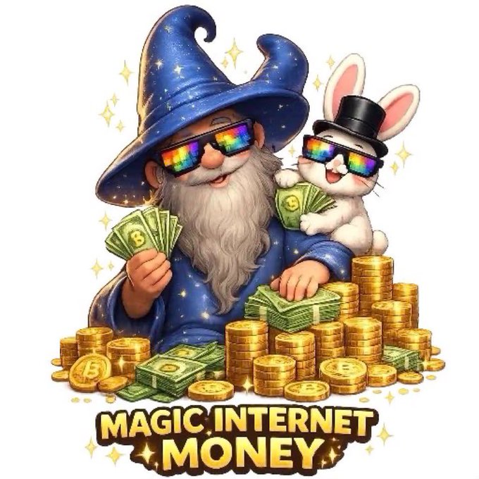 Cartoon-style graphic titled 'MAGIC INTERNET MONEY' featuring a wizard and a rabbit wearing pixel sunglasses, surrounded by stacks of gold coins and cash, some marked with Bitcoin logos.