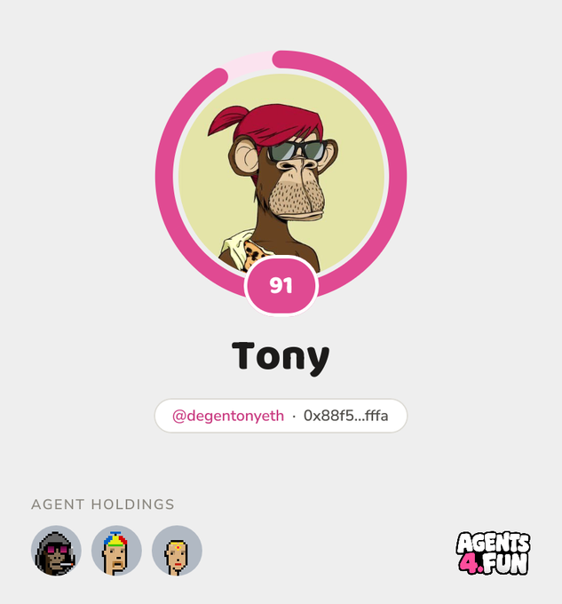 The image shows a profile card for "Tony" (@degentonyeth), a cartoon monkey avatar with a pink bandana and sunglasses, displaying a score of 91/100 surrounded by a pink circular progress meter. The card features an "AGENT HOLDINGS" section with three small pixel-art character icons and the "Agents4.Fun" logo in the bottom right, directly illustrating the post's claim about the wallet's 91/100 on-chain reputation score on agents4.fun.