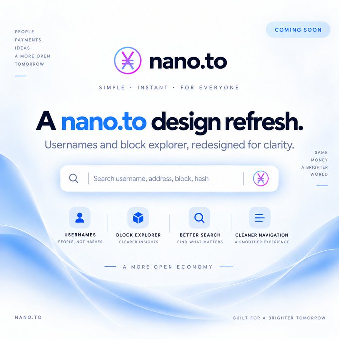 A promotional graphic for "nano.to" announcing "A nano.to design refresh" coming soon, featuring a redesigned block explorer and search interface.