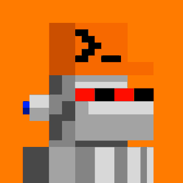 A pixel art image of a bald character wearing sunglasses with an American flag shirt against an orange background.