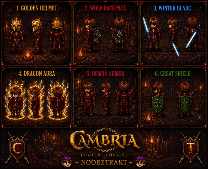 A game content contest graphic titled 'CAMBRIA' showcases six numbered character items or rewards: '1. GOLDEN HELMET', '2. WOLF BACKPACK', '3. WINTER BLADE', '4. DRAGON AURA', '5. DEMON ARMOR', and '6. GREAT SHIELD'.