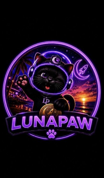A neon-style digital artwork features a black cat in an astronaut helmet waving, surrounded by palm trees, a moon with a rocket, and the text 'LUNAPAW'.