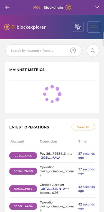A mobile screenshot of the Pi Network blockchain explorer showing a loading indicator for the "MAINNET METRICS" section, with no statistics displayed, while the "LATEST OPERATIONS" section below shows recent transactions like a 361.795841 π payment from GCEL...FALA and account creations. The image illustrates the loading state mentioned in the post, where the mainnet metrics are not yet displayed.
