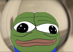 A cartoon illustration of a sad green frog face with large, tearful eyes.
