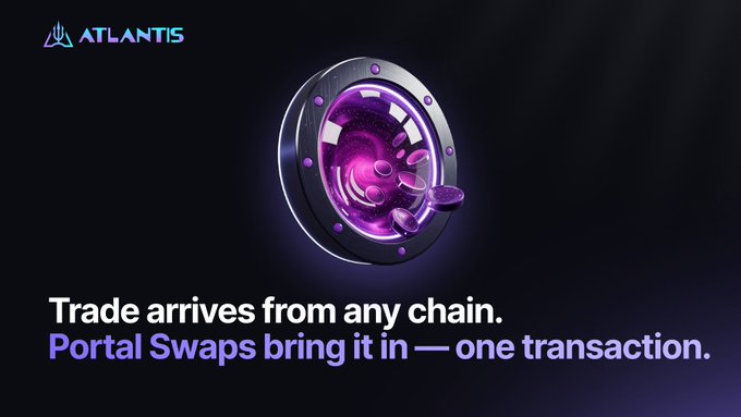 Promotional graphic for Atlantis featuring a glowing purple portal, advertising 'Portal Swaps' that enable trading from any chain in one transaction.
