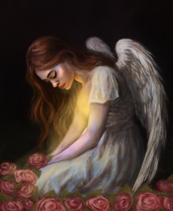 An artistic painting of an angel with white wings and flowing red hair in a white dress, surrounded by red roses in a dark setting.