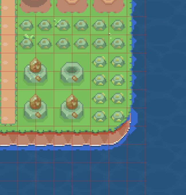 A pixel art game map displays a green landmass with bushes, rocks, and trees arranged in a grid pattern next to a blue ocean.