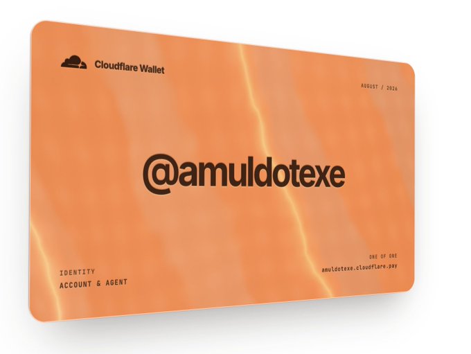 An orange Cloudflare Wallet identity card displaying the reserved handle "@amuldotexe" with the date August 2026, account details noting "Identity Account & Agent," and the wallet address amuldotexe.cloudflare.pay, confirming the user's newly claimed Cloudflare Wallet tag.