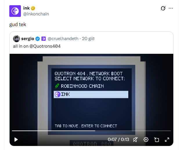 A tweet from @inkonchain captioned "gud tek" quotes a post from @cruelhandeth saying "all in on @Quotrons404," which displays a retro Quotron 404 terminal video showing a network boot selector between "ROBINHOOD CHAIN" and "INK" with the INK option highlighted. The image relates to the speculation about $INK's potential launch, reflecting the community's excitement and prediction of a Quotron 404 NFT drop tied to the Inkonchain ecosystem.