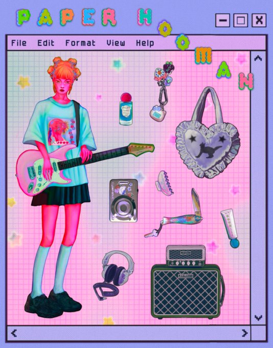 A retro Y2K-style illustration designed as a computer window interface titled 'PAPER HOMA', featuring a pink-haired girl holding a pink guitar alongside various items like a heart-shaped bag, perfume, headphones, amplifier, and cassette tape on a grid background.