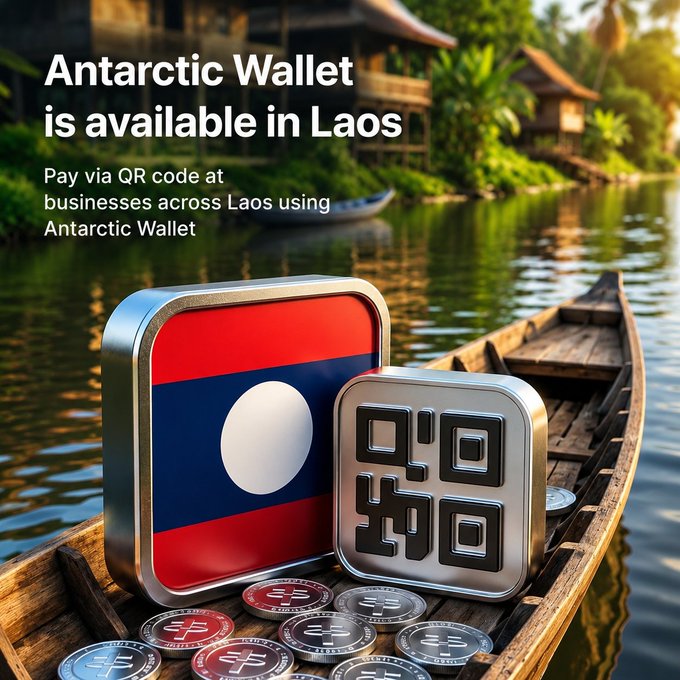 An advertisement stating 'Antarctic Wallet is available in Laos' with the text 'Pay via QR code at businesses across Laos using Antarctic Wallet,' showing a Laos flag icon and QR code on a wooden boat with coins.