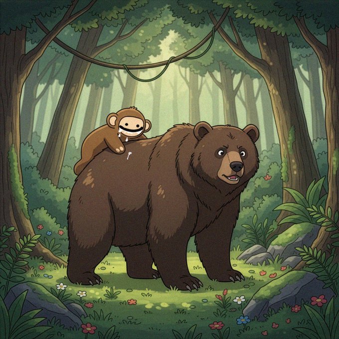 A cartoon bear carries a small monkey through a lush forest. The caption “Beras are f'd” has no clearly visible relation to the image; perhaps “Beras” refers to a misspelling or personal name not shown.