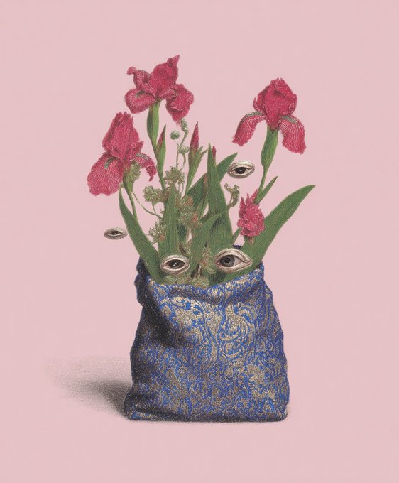 A surreal collage-style image showing a blue and gold patterned sack with red iris flowers and green stems growing out of it, interspersed with several floating human eyes, against a light pink background.