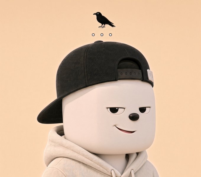 3D-rendered white cartoon character wearing a black backwards baseball cap and beige hoodie, with a black bird illustration and three dots shown floating above their head.