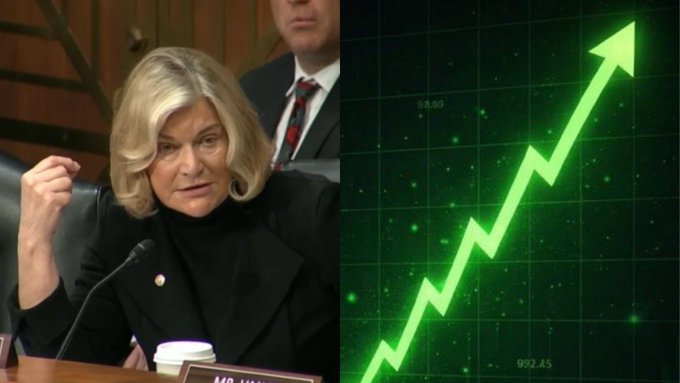The image is a split composition: on the left, Senator Cynthia Lummis is shown gesturing emphatically during a congressional hearing, and on the right, a vibrant green upward-trending arrow on a stock chart visualizes market growth. Together, the visuals reinforce the post's message that the CLARITY Act will drive over $30 trillion into the crypto market regardless of legislative opposition.
