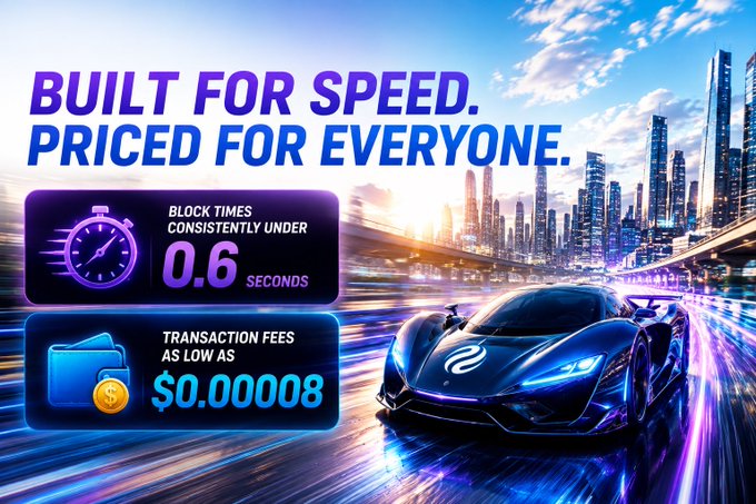 A promotional graphic with the tagline 'BUILT FOR SPEED. PRICED FOR EVERYONE.' highlighting 0.6 second block times and transaction fees as low as $0.000008, featuring a futuristic car and cityscape.