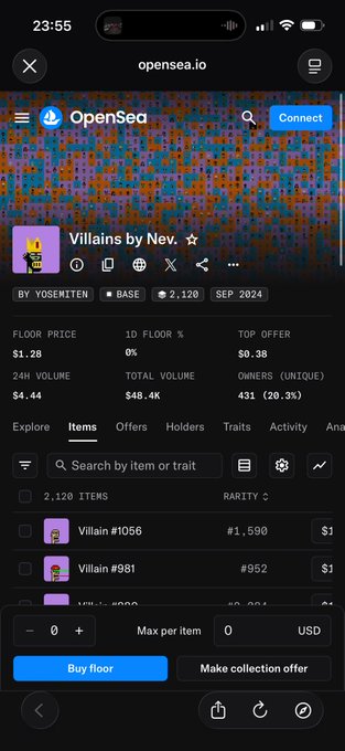 A screenshot from OpenSea showing the "Villains by Nev." NFT collection page with a floor price of $1.28 and 24H volume of $4.44, where they are looking to "Buy floor" with a quantity selector and max price per item input field set to 0 USD. The image directly relates to the post by showing the marketplace interface where the user is preparing to purchase NFTs from the collection at floor price.