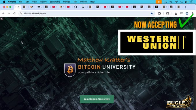 Screenshot of bitcoinuniversity.com featuring Matthew Kratter's Bitcoin University with a 'Now Accepting Western Union' banner and 'Join Bitcoin University' button.