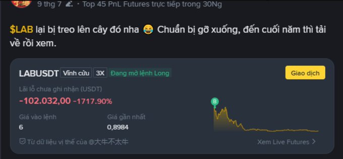 A Vietnamese-language Binance futures interface showing a LABUSDT perpetual position with an unrealized loss of -102,032.00 USDT (-1717.90%), opened at price 6 and currently at 0.8984, with a caption joking the user is being hung up and asking to cut losses.