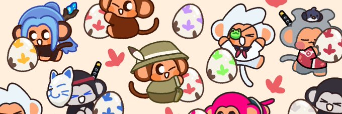 A cartoon illustration featuring various cute monkey characters in different outfits and poses, decorated with heart patterns and small red hearts scattered throughout.