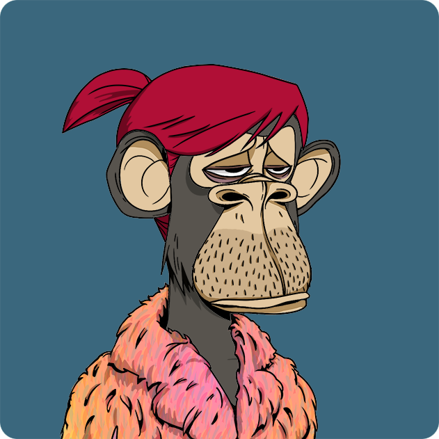 A cartoon illustration of a weary-looking Bored Ape wearing a red bandana and a pink fur coat against a teal background.