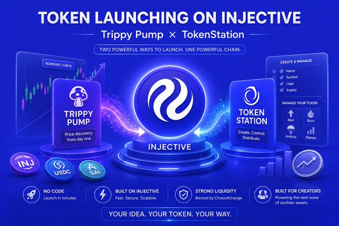 A promotional graphic titled "TOKEN LAUNCHING ON INJECTIVE - Trippy Pump × TokenStation" featuring the Injective logo, icons for "TRIPPY PUMP" and "TOKEN STATION", and features like "NO CODE - Launch in minutes", "BUILT ON INJECTIVE - Fast. Secure. Scalable.", and "STRONG LIQUIDITY - Backed by ChoiceXExchange", ending with "YOUR IDEA. YOUR TOKEN. YOUR WAY."