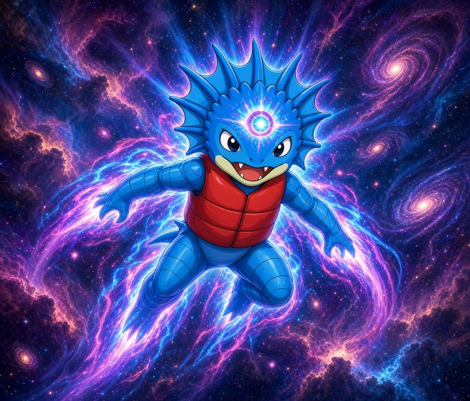 A vibrant digital illustration of a blue, lizard-like creature with a red vest, surrounded by purple and pink cosmic energy.