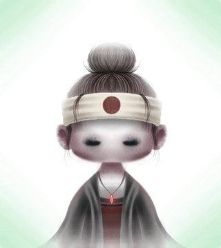 A serene illustration of a pale, ghost-like figure with a topknot and a headband featuring a red dot (resembling the Japanese rising sun symbol), eyes closed in a meditative expression. The image fits the post's playful caption about proudly displaying a first Robinhood NFT with unbothered, zen-like confidence.