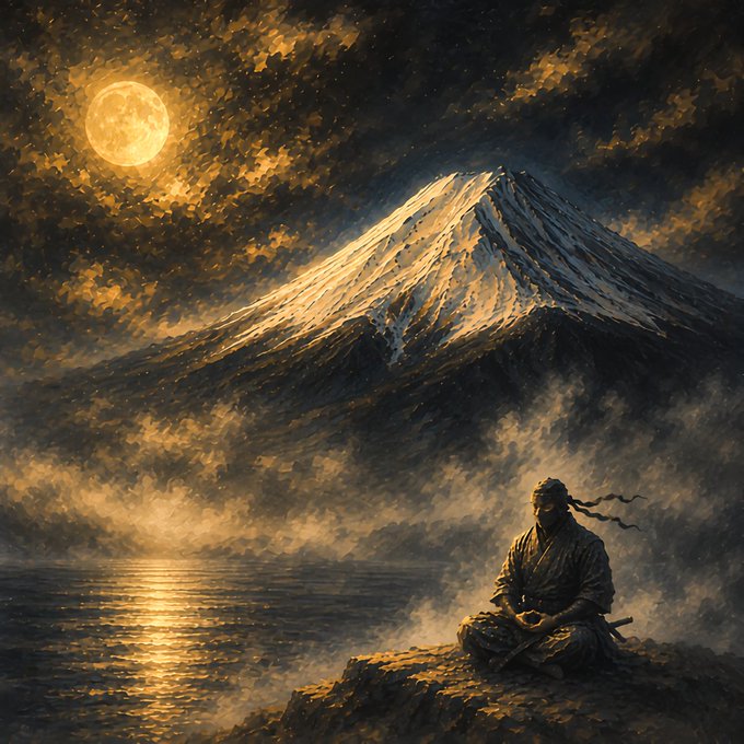 A digital painting depicting a samurai meditating in a rocky landscape with a snow-capped mountain, moon, and reflective water.