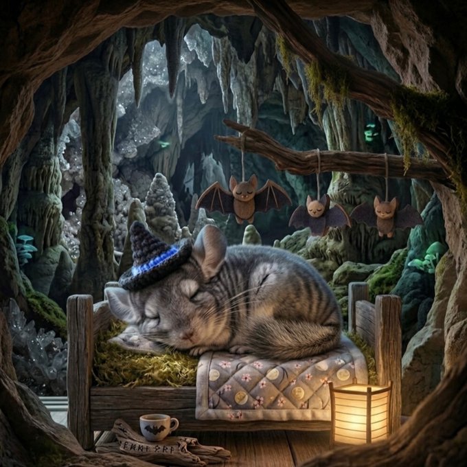 A detailed illustration of a sleeping tabby cat wearing a blue wizard hat, resting on a miniature bed inside a cave, accompanied by three hanging bat figures, a small lantern, and a cup of tea.
